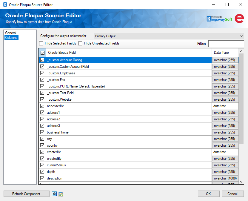 SSIS Oracle Eloqua Source - Columns